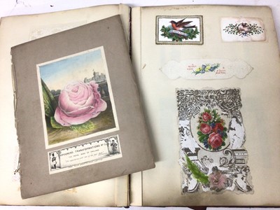 Lot 1617 - Victorian scrap album, with valentine and other cards, original works on paper, silhouettes, prints etc