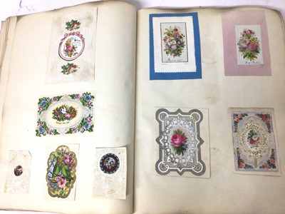 Lot 1617 - Victorian scrap album, with valentine and other cards, original works on paper, silhouettes, prints etc