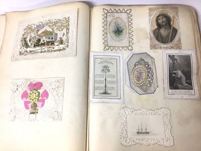 Lot 1617 - Victorian scrap album, with valentine and other cards, original works on paper, silhouettes, prints etc