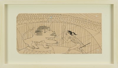 Lot 1186 - Colin Self (b.1941) pencil on card - The Lion Tamer, signed and dated 3.12.96, from his Circus Series, 18.5cm x 39cm, in glazed frame