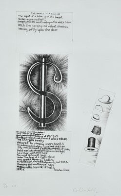 Lot 1187 - Colin Self (b.1941) limited edition etching - The Impact of a Dollar, signed and dated 2008, numbered 18/35, 39cm x 24cm, in glazed frame