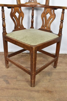 Lot 1352 - George III walnut corner chair, with pierced splat and slip in seat on square chamfered supports