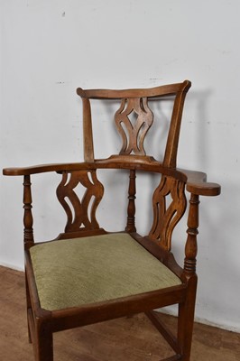 Lot 1352 - George III walnut corner chair, with pierced splat and slip in seat on square chamfered supports