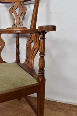 Lot 1352 - George III walnut corner chair, with pierced splat and slip in seat on square chamfered supports