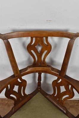 Lot 1352 - George III walnut corner chair, with pierced splat and slip in seat on square chamfered supports