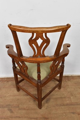 Lot 1352 - George III walnut corner chair, with pierced splat and slip in seat on square chamfered supports