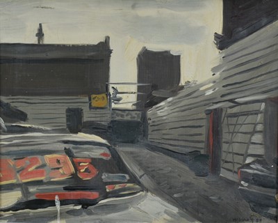 Lot 107 - *Howard Morgan (b.1949) oil on board - Car Lot SW8, signed and dated '88, studio stamp verso, 31cm x 39.5cm, framed