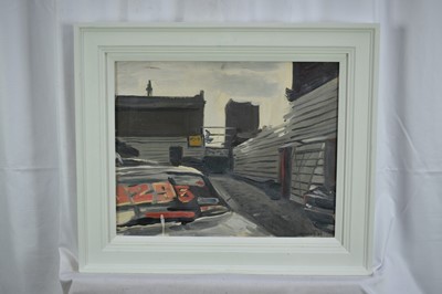 Lot 1111 - *Howard Morgan (b.1949) oil on board - Car Lot SW8, signed and dated '88, studio stamp verso, 31cm x 39.5cm, framed