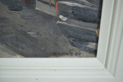 Lot 1111 - *Howard Morgan (b.1949) oil on board - Car Lot SW8, signed and dated '88, studio stamp verso, 31cm x 39.5cm, framed