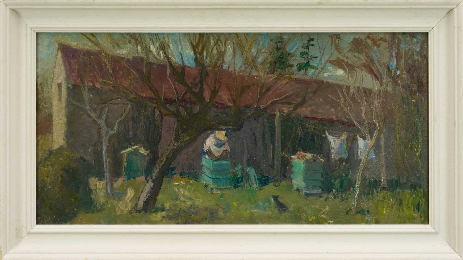 Lot 1256 - *Margaret Thomas (1916-2016) oil on board - The Beekeeper, 29cm x 60cm, New English Art Club exhibition label verso, framed