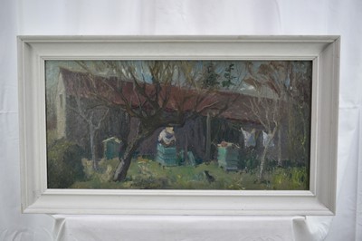 Lot 1256 - *Margaret Thomas (1916-2016) oil on board - The Beekeeper, 29cm x 60cm, New English Art Club exhibition label verso, framed