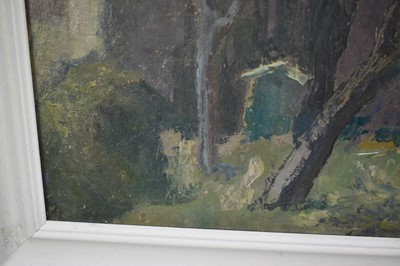 Lot 1256 - *Margaret Thomas (1916-2016) oil on board - The Beekeeper, 29cm x 60cm, New English Art Club exhibition label verso, framed