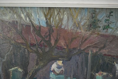 Lot 1256 - *Margaret Thomas (1916-2016) oil on board - The Beekeeper, 29cm x 60cm, New English Art Club exhibition label verso, framed