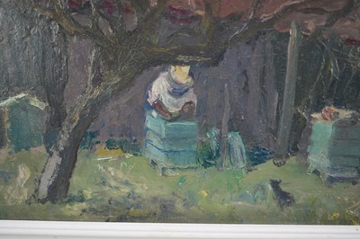 Lot 1256 - *Margaret Thomas (1916-2016) oil on board - The Beekeeper, 29cm x 60cm, New English Art Club exhibition label verso, framed