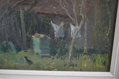 Lot 1256 - *Margaret Thomas (1916-2016) oil on board - The Beekeeper, 29cm x 60cm, New English Art Club exhibition label verso, framed