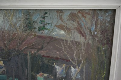 Lot 1256 - *Margaret Thomas (1916-2016) oil on board - The Beekeeper, 29cm x 60cm, New English Art Club exhibition label verso, framed