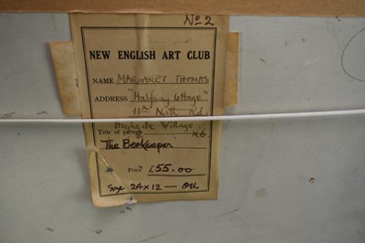Lot 1256 - *Margaret Thomas (1916-2016) oil on board - The Beekeeper, 29cm x 60cm, New English Art Club exhibition label verso, framed