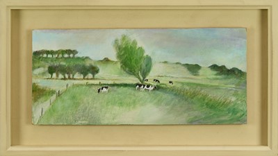 Lot 1106 - *Tessa Newcomb (b.1955) oil on board - Cows on the Marshes, signed in pencil with initials and indistinctly dated '04, 20cm x 45cm, in glazed box frame