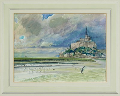 Lot 1050 - P. Browne, late 20th century, pencil watercolour and gouache - 'Mont St. Michel, 4pm 31.7.96', signed and inscribed, 23cm x 31cm, in glazed gilt frame