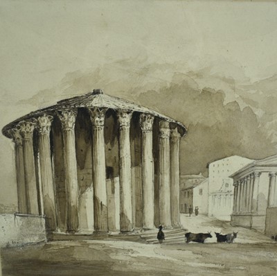 Lot 1051 - English School, 19th century, monochrome watercolour - The Temple of Vesta, Rome, 20cm square, in glazed gilt frame