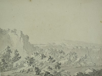 Lot 1052 - Attributed to William Pars (1742-1782) ink and monochrome watercolour - Extensive Landscape, 18cm x 24cm, in glazed frame