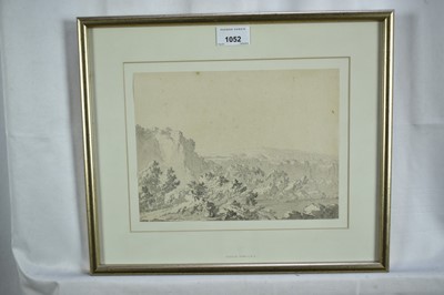 Lot 1052 - Attributed to William Pars (1742-1782) ink and monochrome watercolour - Extensive Landscape, 18cm x 24cm, in glazed frame