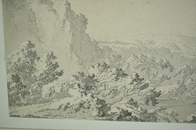 Lot 1052 - Attributed to William Pars (1742-1782) ink and monochrome watercolour - Extensive Landscape, 18cm x 24cm, in glazed frame