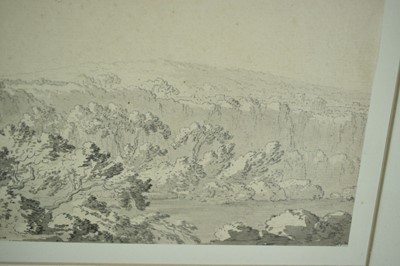 Lot 1052 - Attributed to William Pars (1742-1782) ink and monochrome watercolour - Extensive Landscape, 18cm x 24cm, in glazed frame