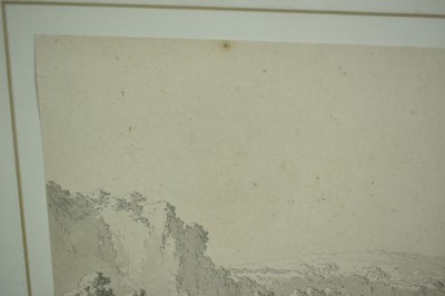 Lot 1052 - Attributed to William Pars (1742-1782) ink and monochrome watercolour - Extensive Landscape, 18cm x 24cm, in glazed frame