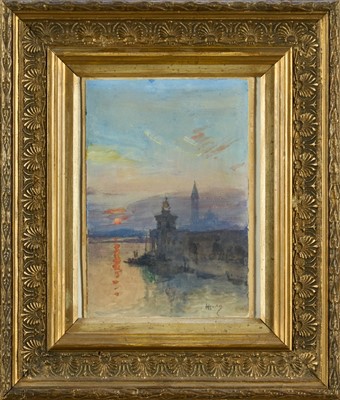 Lot 1053 - English School, early 20th century, watercolour and gouache - Sunset on the Grand Canal, indistinctly signed, 18cm x 12.5cm, in glazed gilt frame