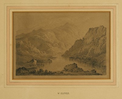 Lot 1056 - William Glover (act. 1808-1840) monochrome watercolour - Mountainous Lake, signed, inscribed verso, 14cm x 20cm, in glazed gilt frame