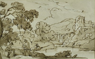 Lot 1057 - English School, early 19th century, ink and monochrome wash sketch, fishing in a landscape, 11cm x 18cm, in glazed gilt frame Provenance: Abbott and Holder - Christopher Powney; C. Roger Moss OBE