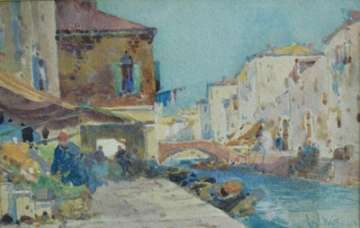 Lot 1059 - George Charles Haite (1855-1924) watercolour - 'A Canal, Murano', signed and indistinctly dated, 7.5cm x 12cm, in glazed gilt frame