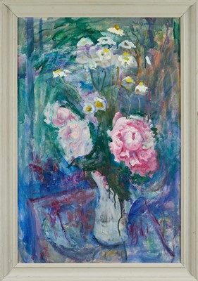 Lot 1114 - *Margaret Thomas (1916-2016) oil on board - River Window with Azalea, signed with initials, 75cm x 50cm, exhibition label verso dated 1998, framed