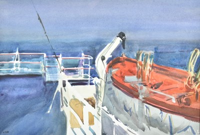 Lot 68 - *Howard Morgan (1949-2020) watercolour - Ships Deck, signed, 36cm x 53cm in glazed frame