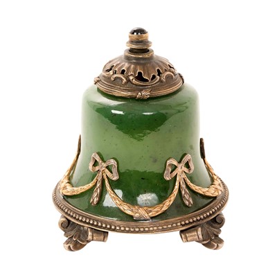 Lot 381 - 20th century Russian silver gilt and green nephrite  bell push