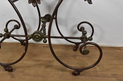 Lot 1370 - 19th century metal table base, with classical pierced frieze and raised on scrolling understructure and castors, 101cm wide x 54cm deep x 82cm high