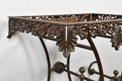 Lot 1370 - 19th century metal table base, with classical pierced frieze and raised on scrolling understructure and castors, 101cm wide x 54cm deep x 82cm high