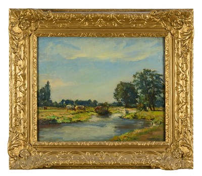 Lot 1023 - James Levin Henry (1855-1939) oil on canvas - Water Meadows, signed and dated 1923, hand written label verso, 38.5cm x 46.5cm, in gilt frame  Exhibited: Royal Academy, No. 440, 1924