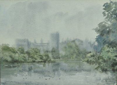 Lot 1049 - Arthur Victor Coverley-Price (1901-1988) watercolour - St James's Park in the mist, Buckingham Palace beyond, signed and dated 1948, 25cm x 34cm, in glazed gilt frame  Provenance: Collection of th...