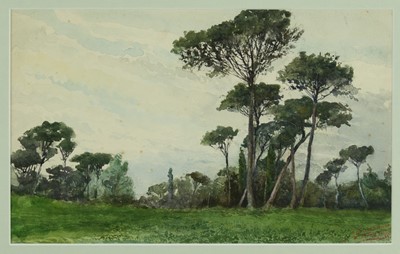 Lot 1041 - Ettore Roesler Franz (1845-1907) watercolour - Wooded Landscape, inscribed 'To Miss M. Perrin, E.R.F's best compliments, Rome', a watercolour sketch verso, 22cm x 36cm, in double-sided glazed frame...