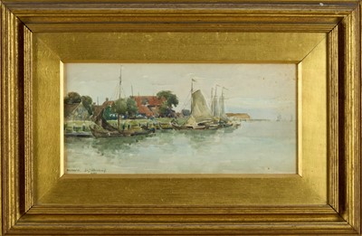 Lot 1046 - Elizabeth Whitehead (act.1877-1930) watercolour - The Harbour, Volendam, signed and dated 1899, inscribed verso, 16.5cm x 35cm, in original glazed gilt frame