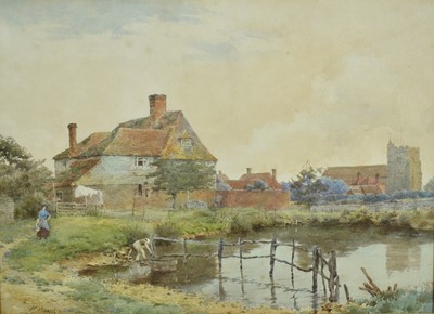 Lot 174 - Frederick Parks (act. 1890-1927) pair of watercolours - The Village Pond and A Rural Stream, signed, 26cm x 36cm, in glazed frames