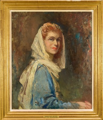 Lot 1020 - *Edward Seago (1910-1974) oil on canvas - Portrait of Mrs Cyril Fletcher, née Betty Astell, signed, 76cm x 64cm, in gilt frame.  Provenance: Mrs Betty Fletcher (1912-2005) thence by descent to her...