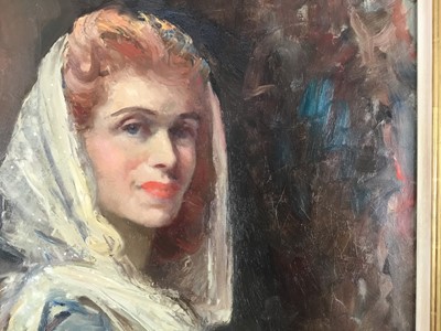 Lot 936 - *Edward Seago (1910-1974) oil on canvas - Portrait of Mrs Cyril Fletcher, née Betty Astell, signed, 76cm x 64cm, in gilt frame. Provenance: Mrs Betty Fletcher (1912-2005) thence by descent to her...