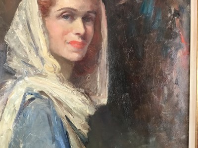 Lot 936 - *Edward Seago (1910-1974) oil on canvas - Portrait of Mrs Cyril Fletcher, née Betty Astell, signed, 76cm x 64cm, in gilt frame. Provenance: Mrs Betty Fletcher (1912-2005) thence by descent to her...