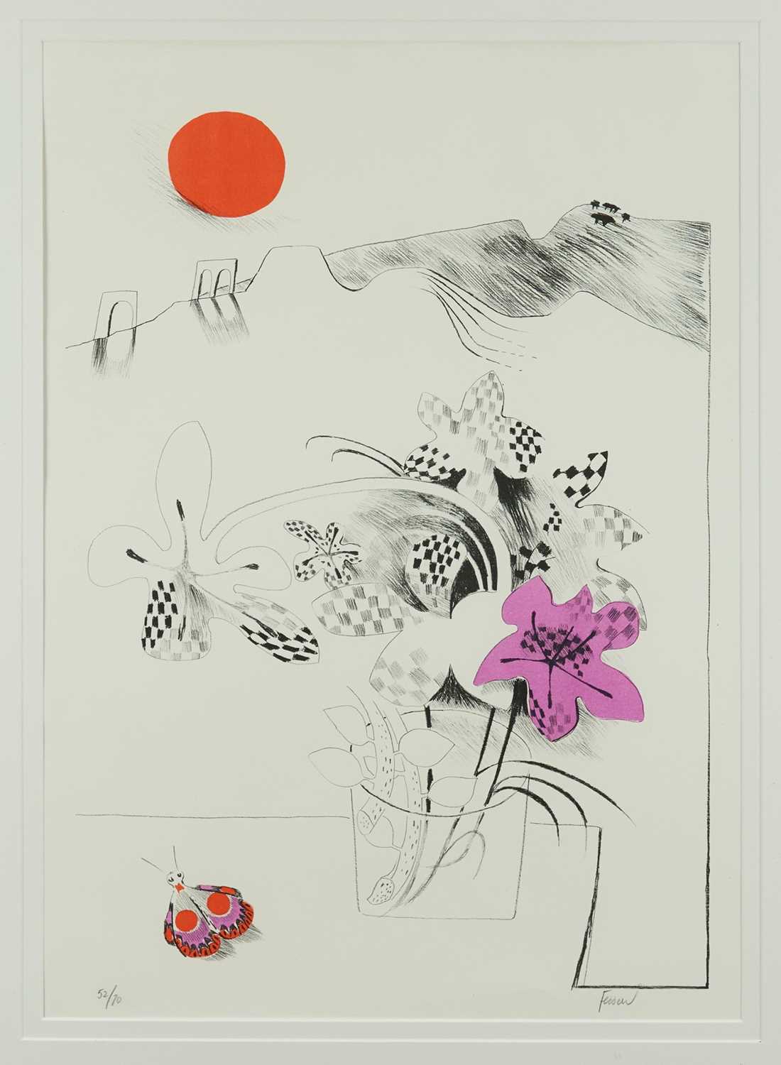 Lot 1034 - *Mary Fedden (1915-2012) lithograph with colours - Fritillaries, signed in pencil, numbered 52/70, circa 1972, 62cm x 40cm in glazed frame