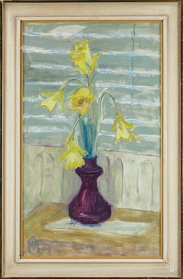 Lot 1113 - *Margaret Thomas (1916-2016) oil on board - The Venetian Blind, monogrammed, 76cm x 46cm, in glazed frame