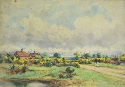 Lot 1063 - John Macintosh Macintosh (1847-1913) three watercolours - Bucklebury Common, 25cm x 37cm, Rural Farmstead, 25cm x 44cm and 'In the Lambourn Valley', 24cm x 29cm, each signed or monogrammed, in glaz...