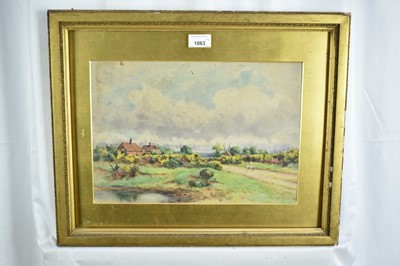 Lot 1063 - John Macintosh Macintosh (1847-1913) three watercolours - Bucklebury Common, 25cm x 37cm, Rural Farmstead, 25cm x 44cm and 'In the Lambourn Valley', 24cm x 29cm, each signed or monogrammed, in glaz...